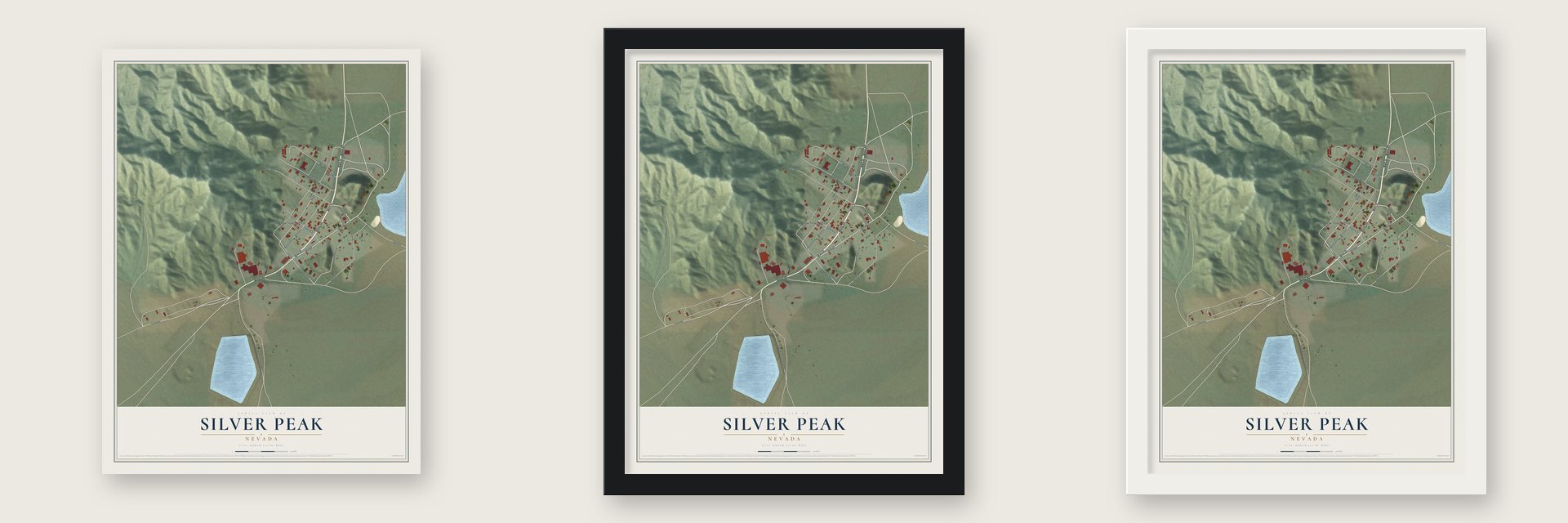 Silver Peak, Nevada map unframed, in a black wood frame and in a white wood frame