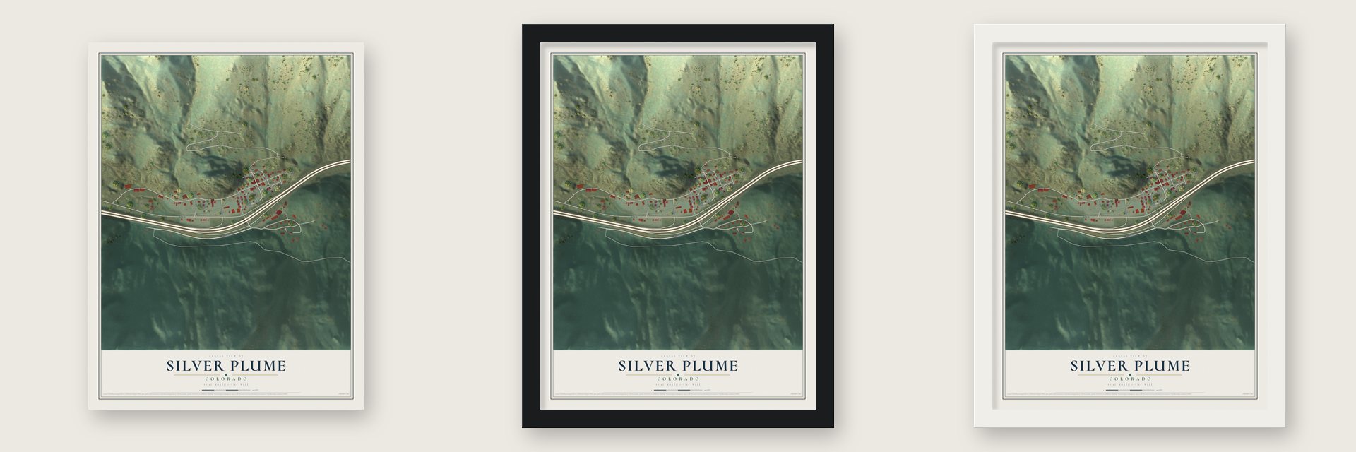 Silver Plume, Colorado map unframed, in a black wood frame and in a white wood frame