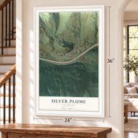 Silver Plume, Colorado map, 24 x 36 inch print in a white frame by a staircase