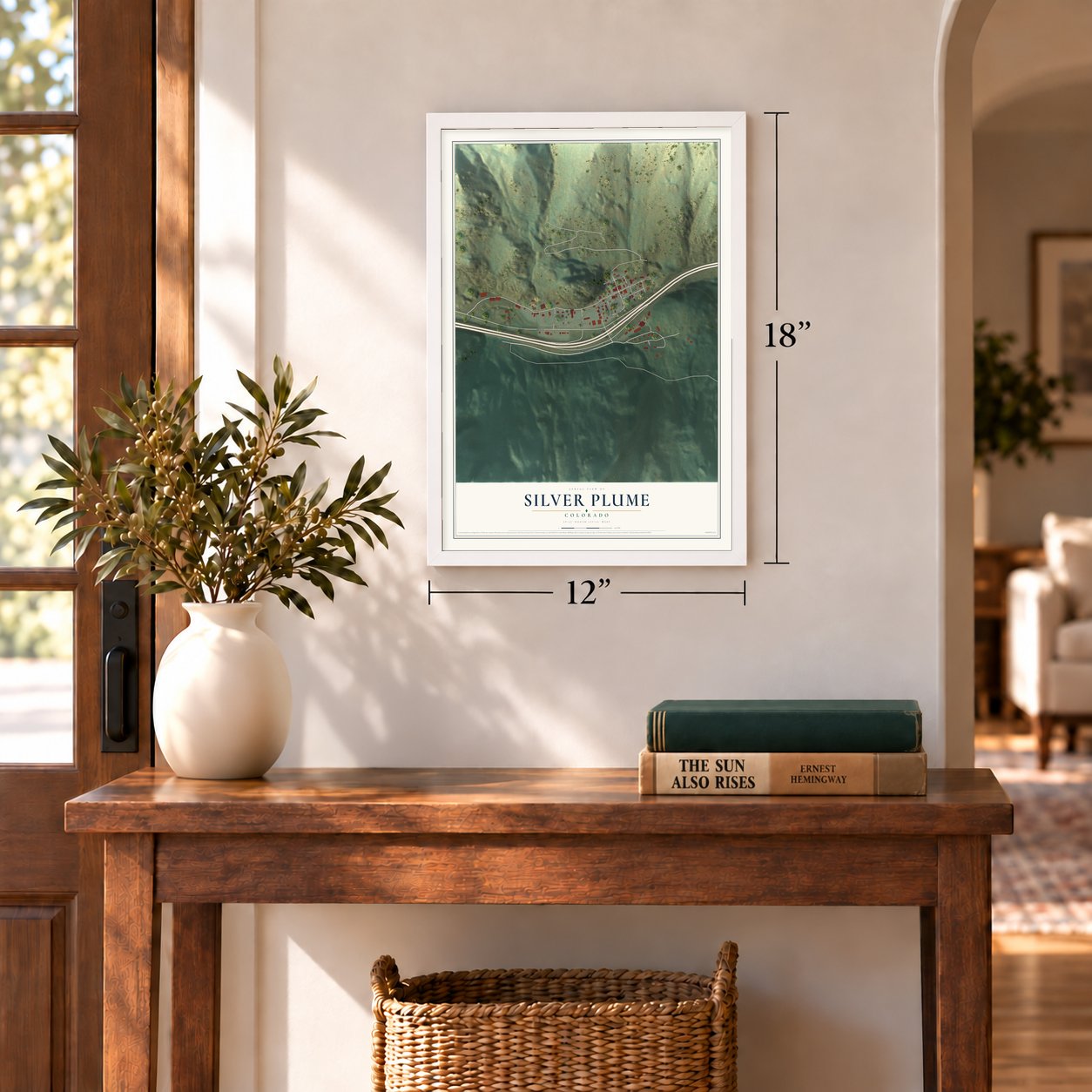 Silver Plume, Colorado map, 12 x 18 inch print in a white frame in an entryway