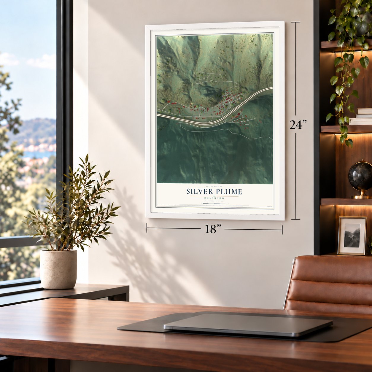 Silver Plume, Colorado map, 18 x 24 inch print in a white frame in a home office