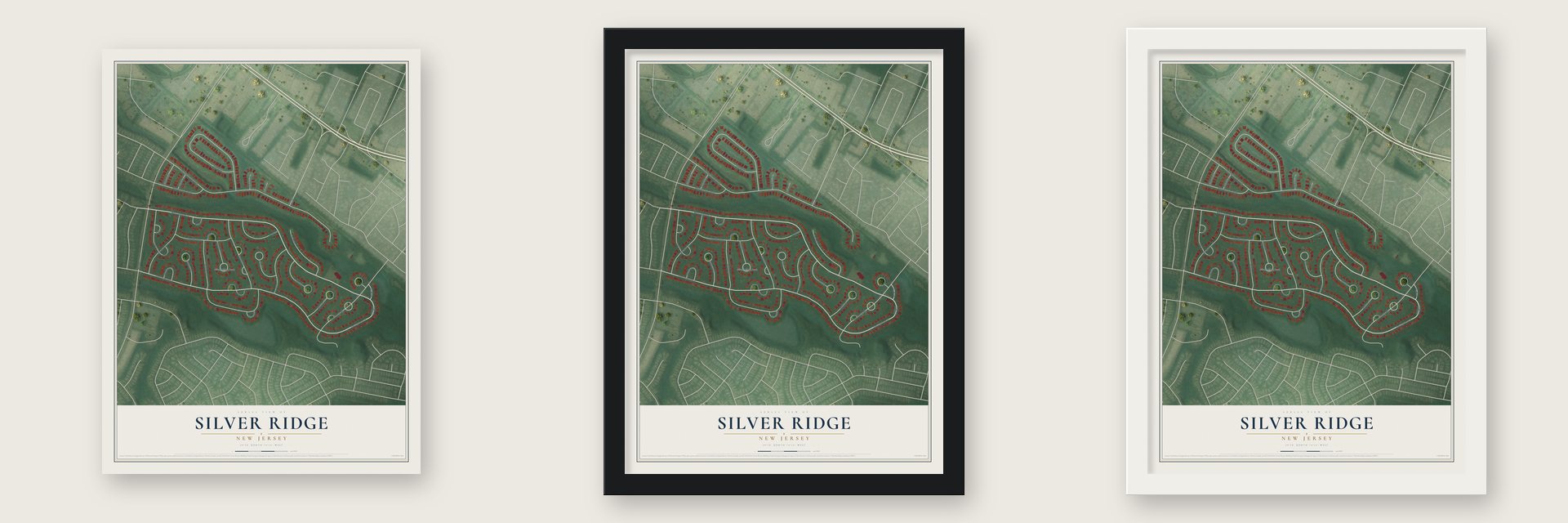 Silver Ridge, New Jersey map unframed, in a black wood frame and in a white wood frame