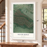 Silver Ridge, New Jersey map, 24 x 36 inch print in a white frame by a staircase