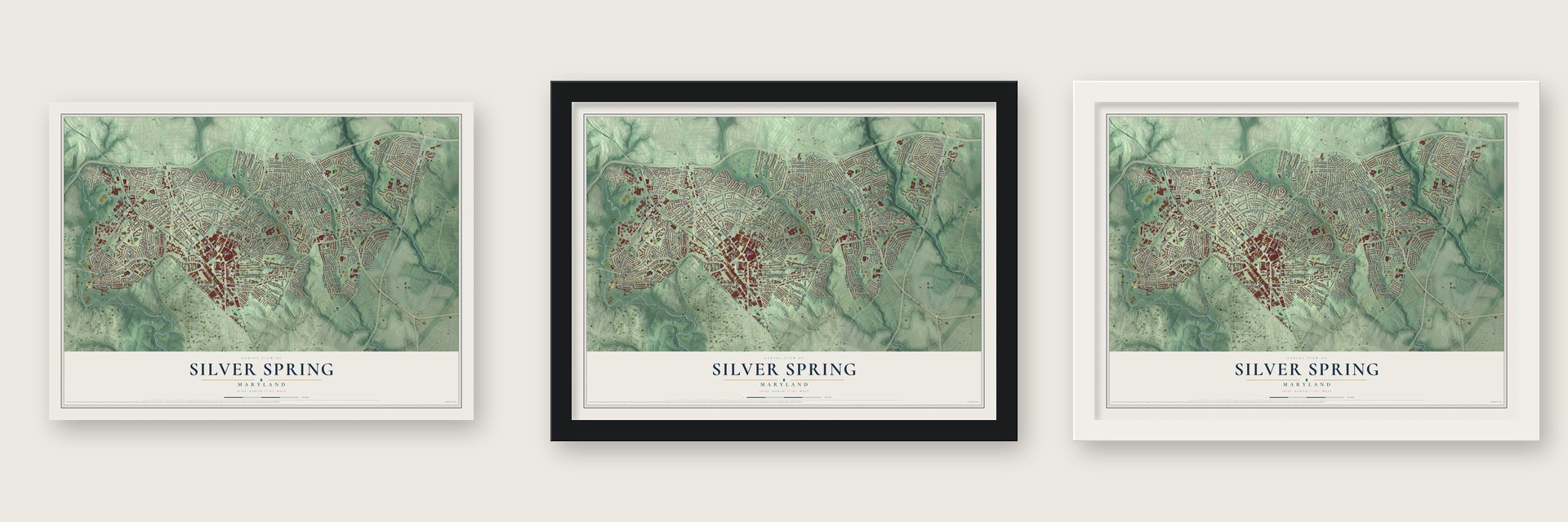 Silver Spring, Maryland map unframed, in a black wood frame and in a white wood frame