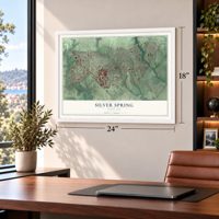 Silver Spring, Maryland map, 18 x 24 inch print in a white frame in a home office