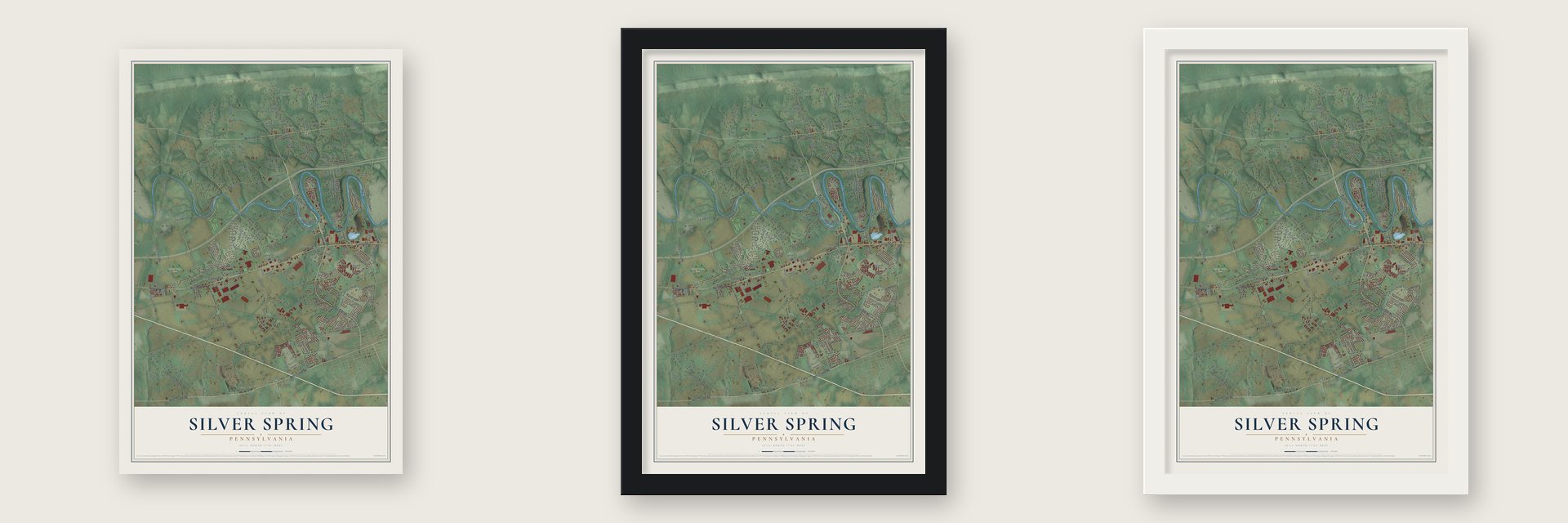 Silver Spring, Pennsylvania map unframed, in a black wood frame and in a white wood frame