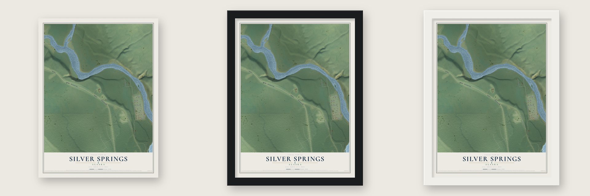 Silver Springs, Alaska map unframed, in a black wood frame and in a white wood frame