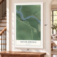 Silver Springs, Alaska map, 24 x 36 inch print in a white frame by a staircase