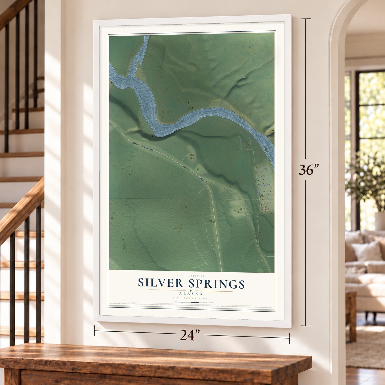 Silver Springs, Alaska map, 24 x 36 inch print in a white frame by a staircase