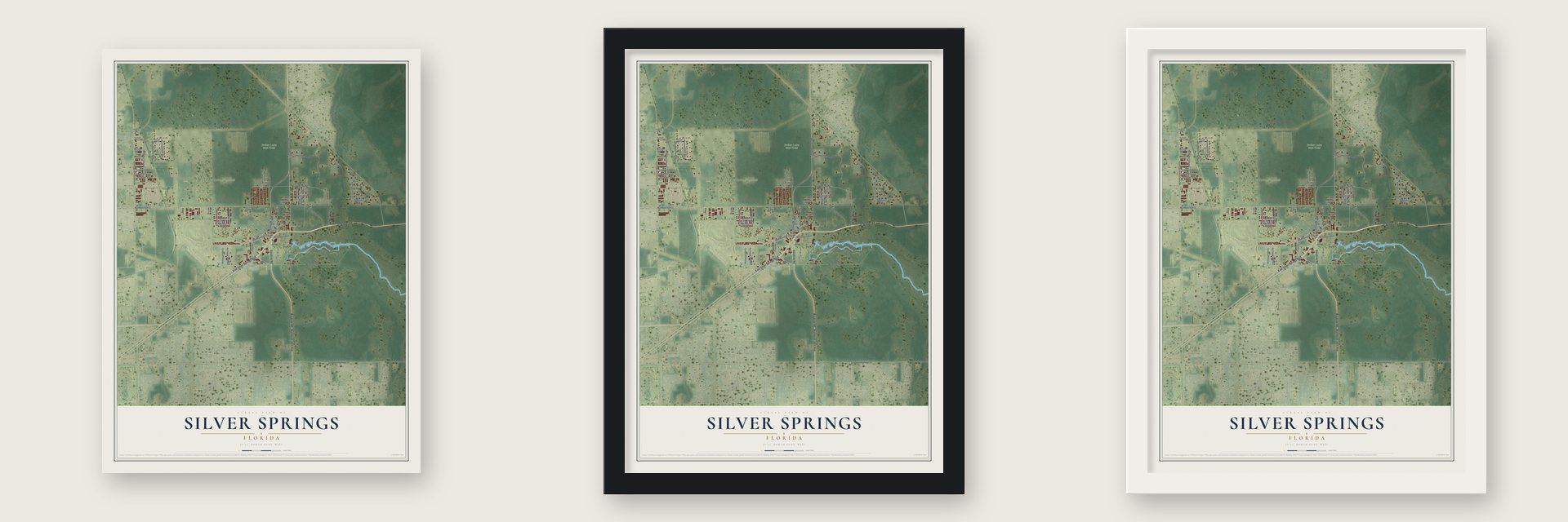 Silver Springs, Florida map unframed, in a black wood frame and in a white wood frame
