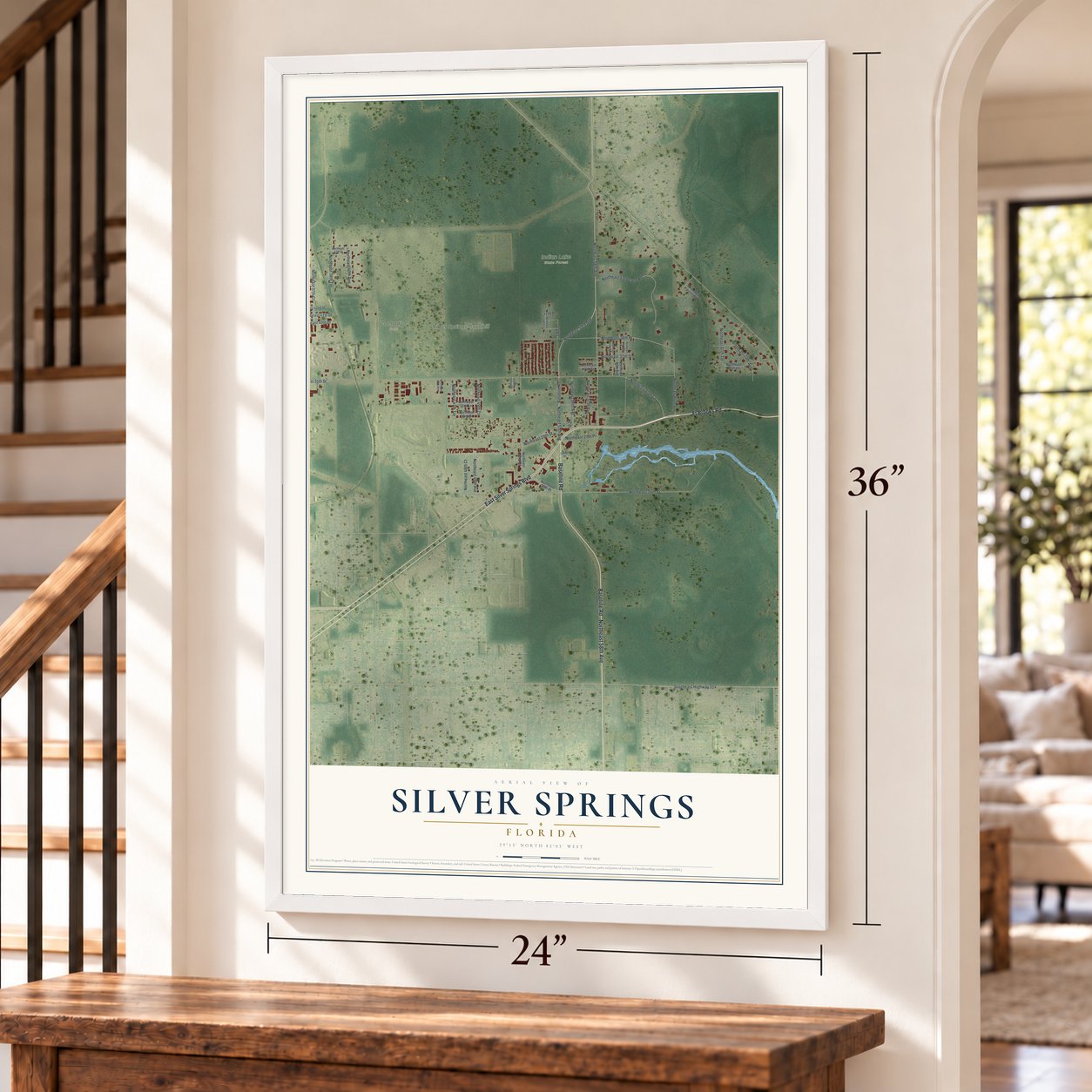 Silver Springs, Florida map, 24 x 36 inch print in a white frame by a staircase