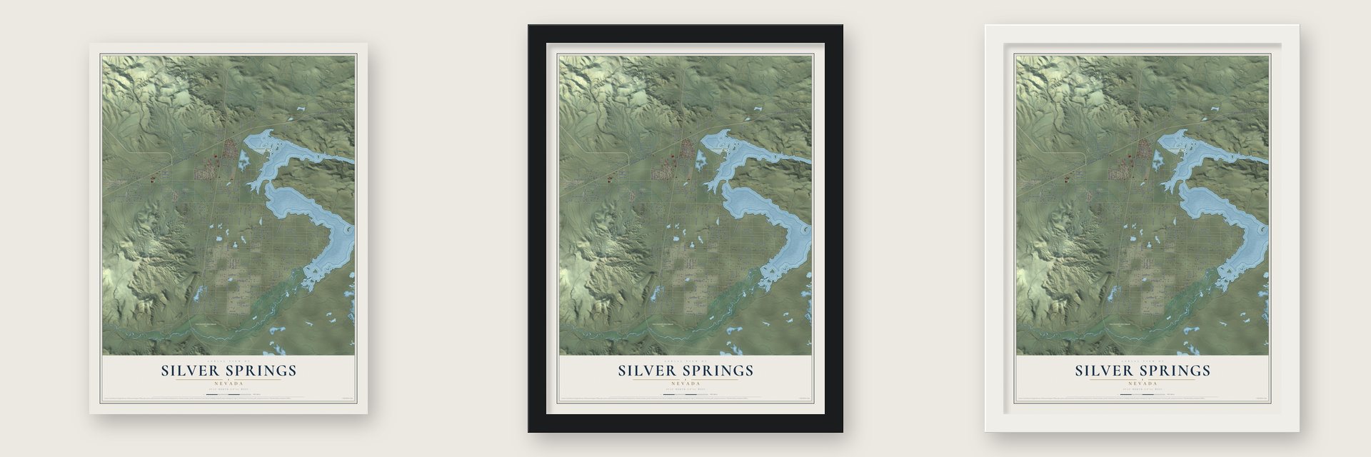Silver Springs, Nevada map unframed, in a black wood frame and in a white wood frame