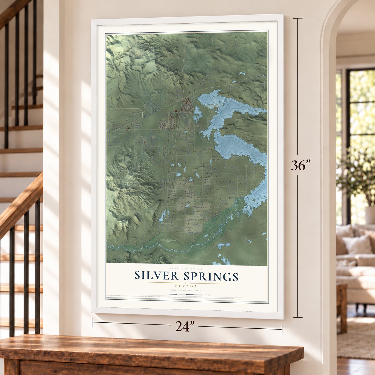Silver Springs, Nevada map, 24 x 36 inch print in a white frame by a staircase