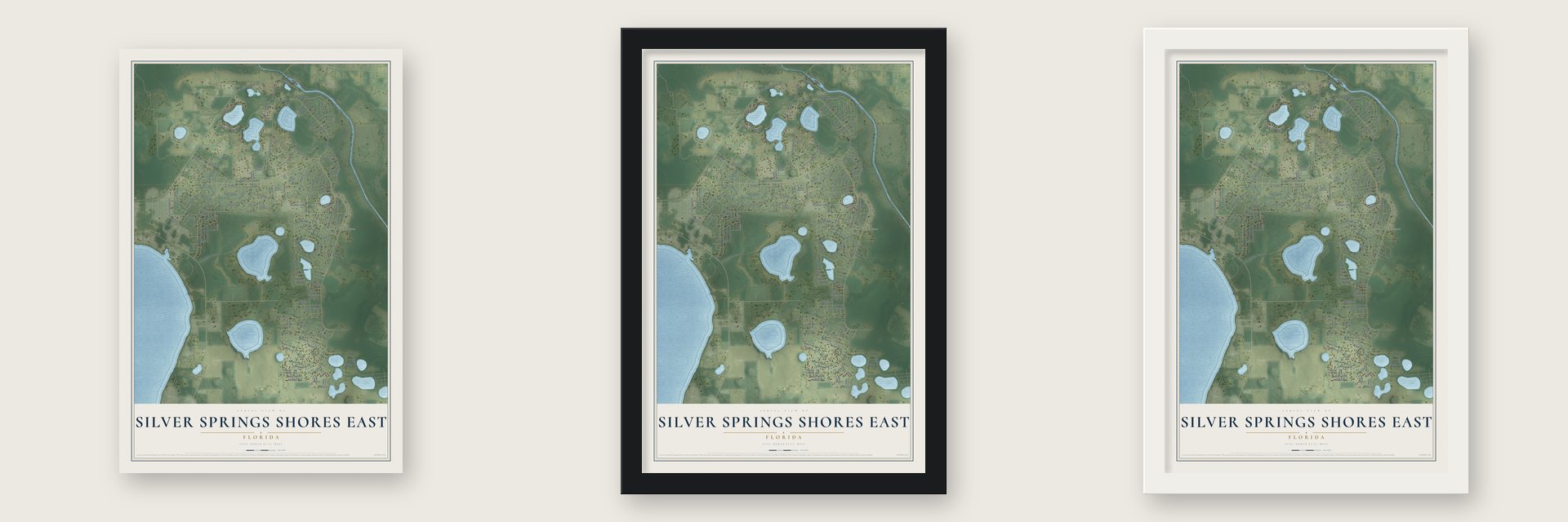 Silver Springs Shores East, Florida map unframed, in a black wood frame and in a white wood frame