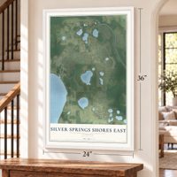 Silver Springs Shores East, Florida map, 24 x 36 inch print in a white frame by a staircase