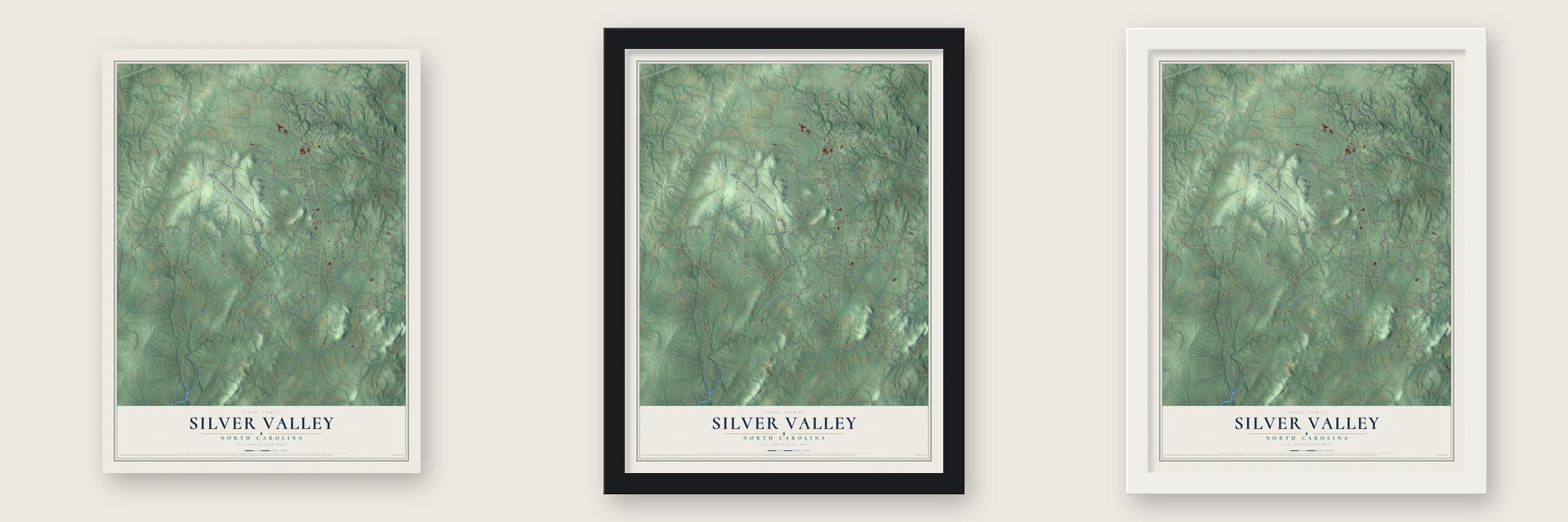 Silver Valley, North Carolina map unframed, in a black wood frame and in a white wood frame