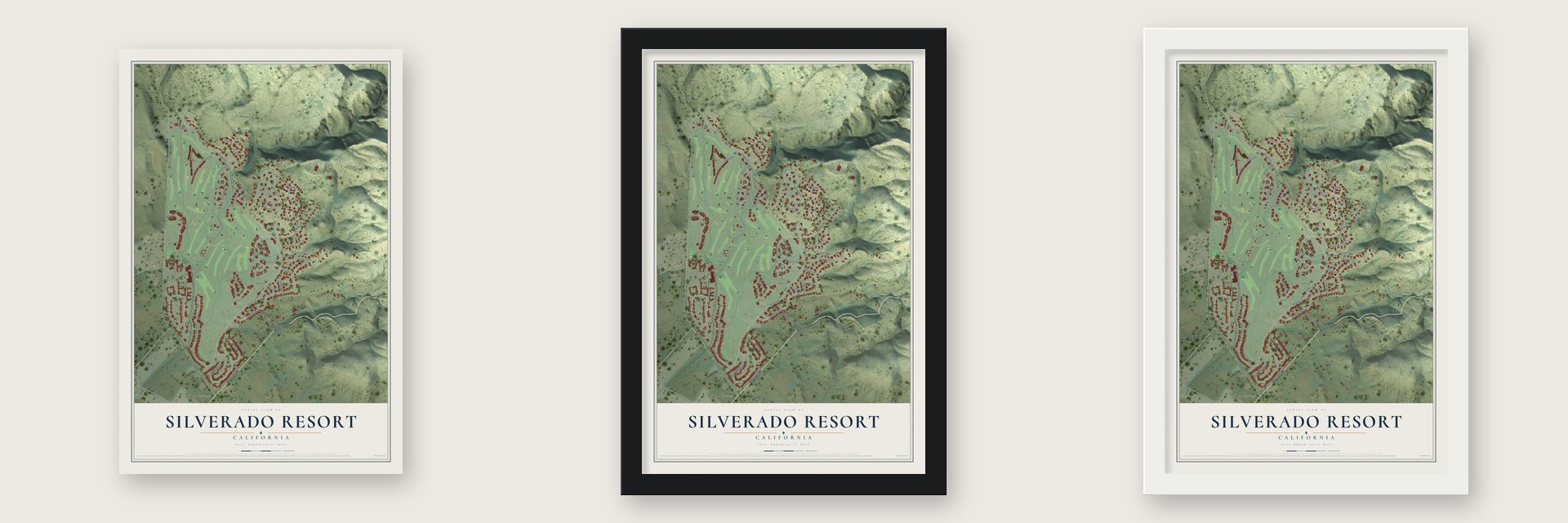 Silverado Resort, California map unframed, in a black wood frame and in a white wood frame