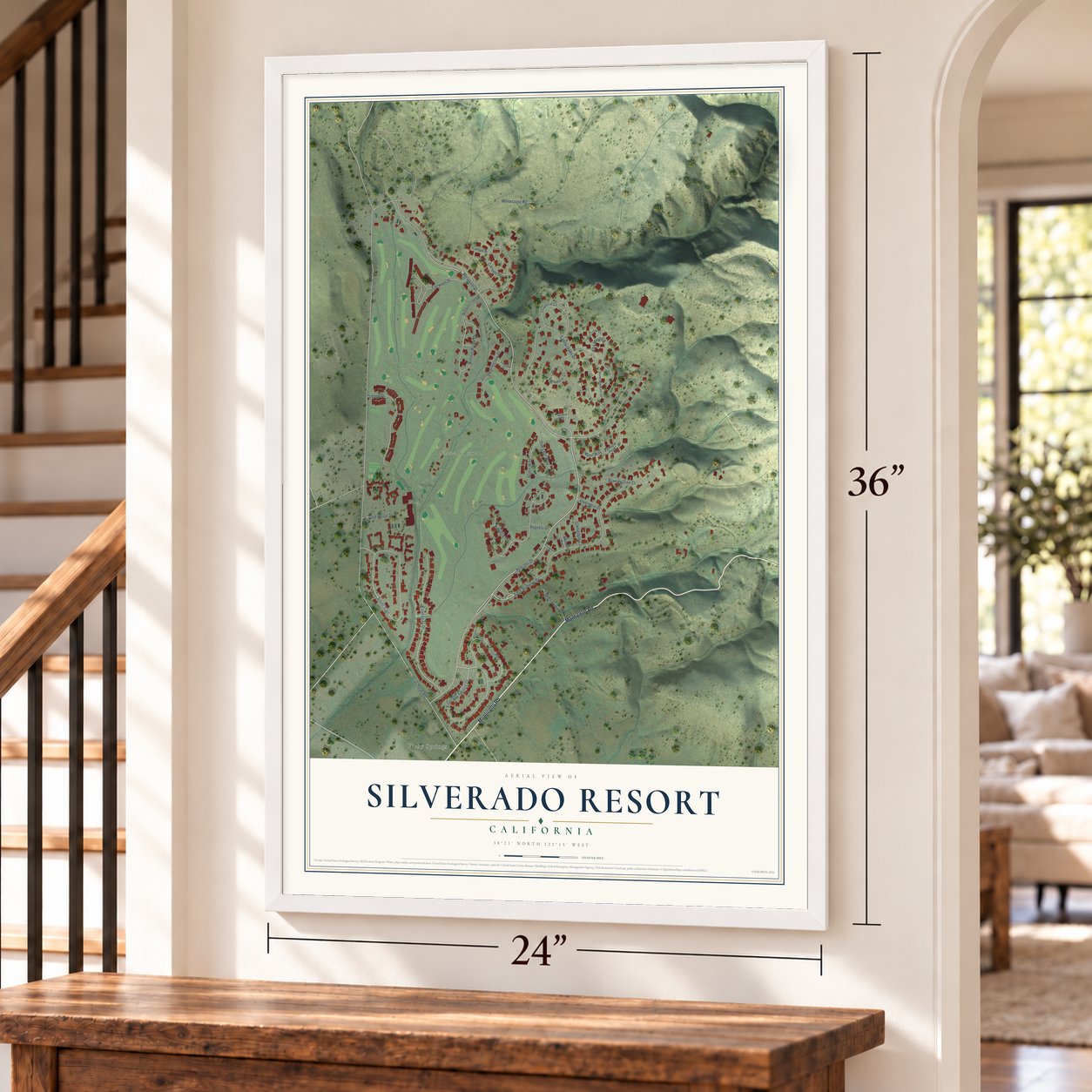 Silverado Resort, California map, 24 x 36 inch print in a white frame by a staircase