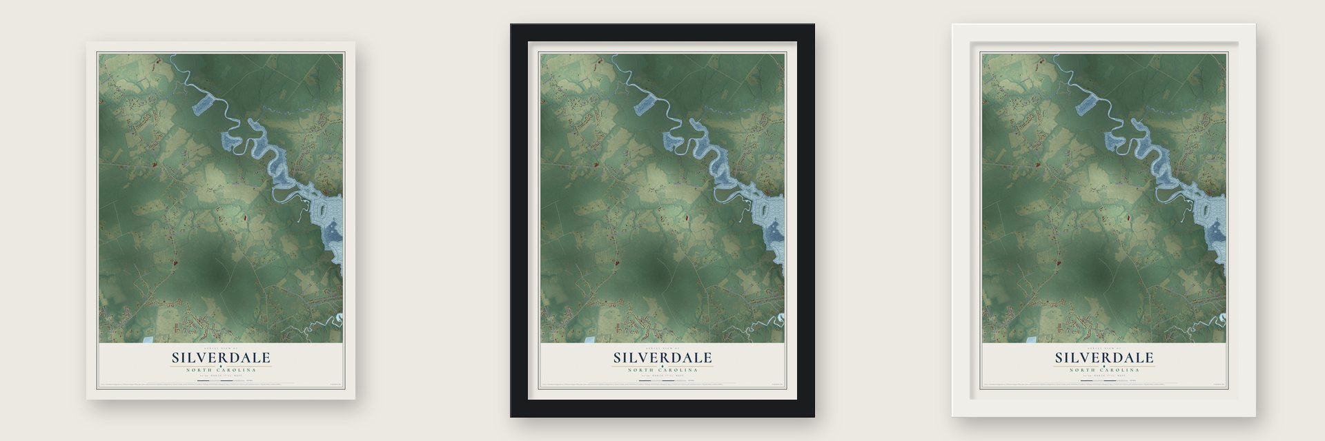 Silverdale, North Carolina map unframed, in a black wood frame and in a white wood frame