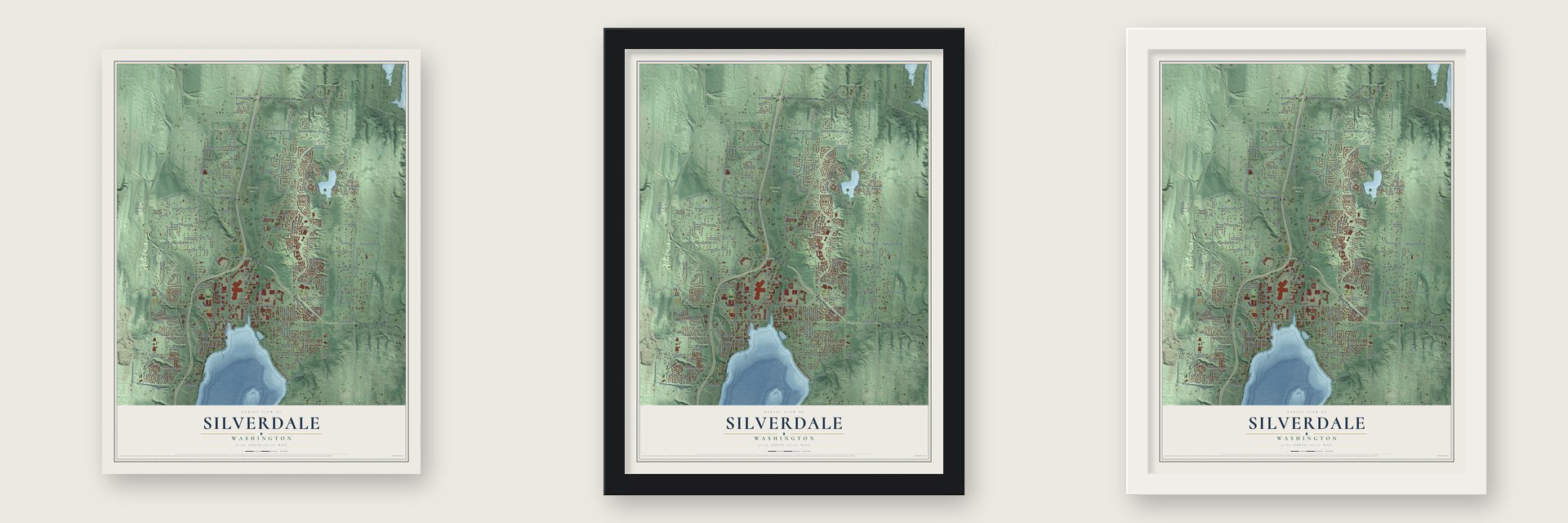 Silverdale, Washington map unframed, in a black wood frame and in a white wood frame