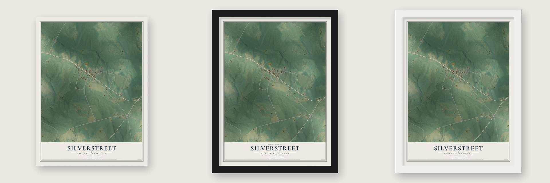 Silverstreet, South Carolina map unframed, in a black wood frame and in a white wood frame