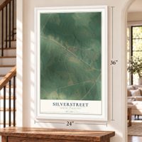 Silverstreet, South Carolina map, 24 x 36 inch print in a white frame by a staircase
