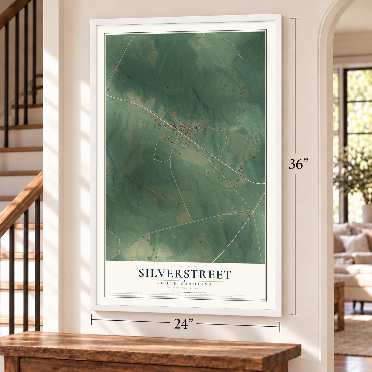 Silverstreet, South Carolina map, 24 x 36 inch print in a white frame by a staircase