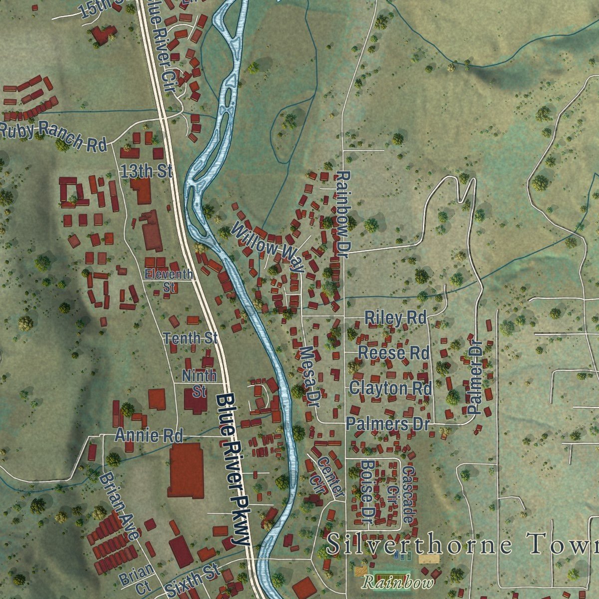 Second close-up of the map of Silverthorne, Colorado print showing more streets and buildings
