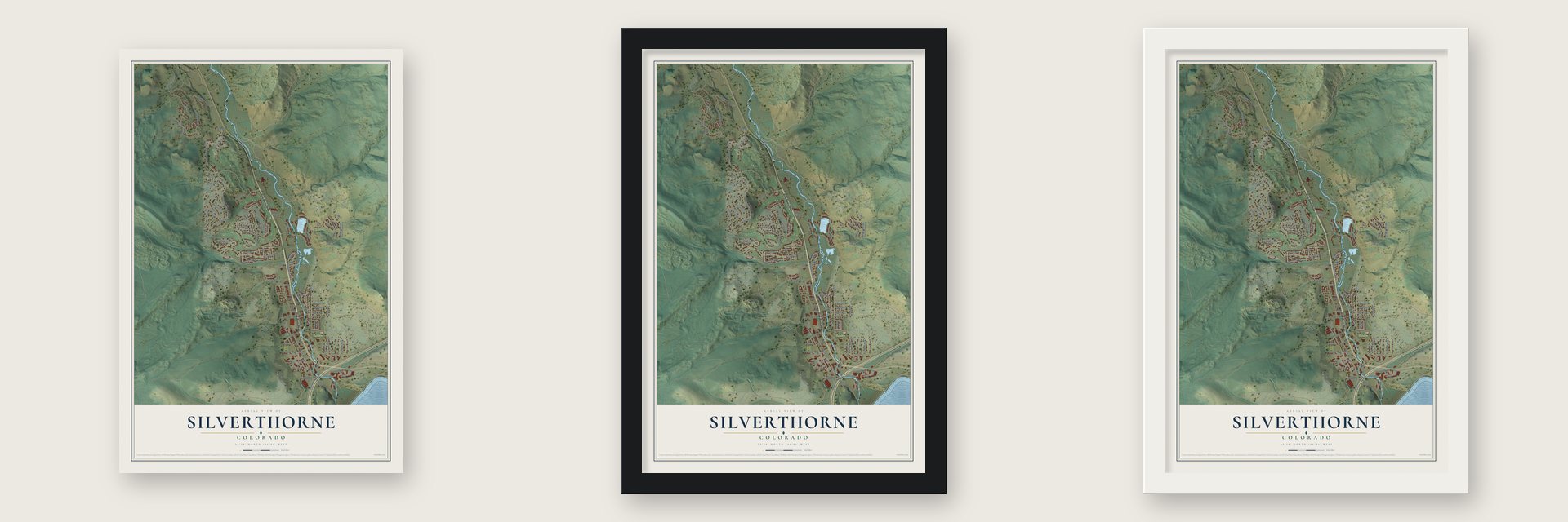 Silverthorne, Colorado map unframed, in a black wood frame and in a white wood frame