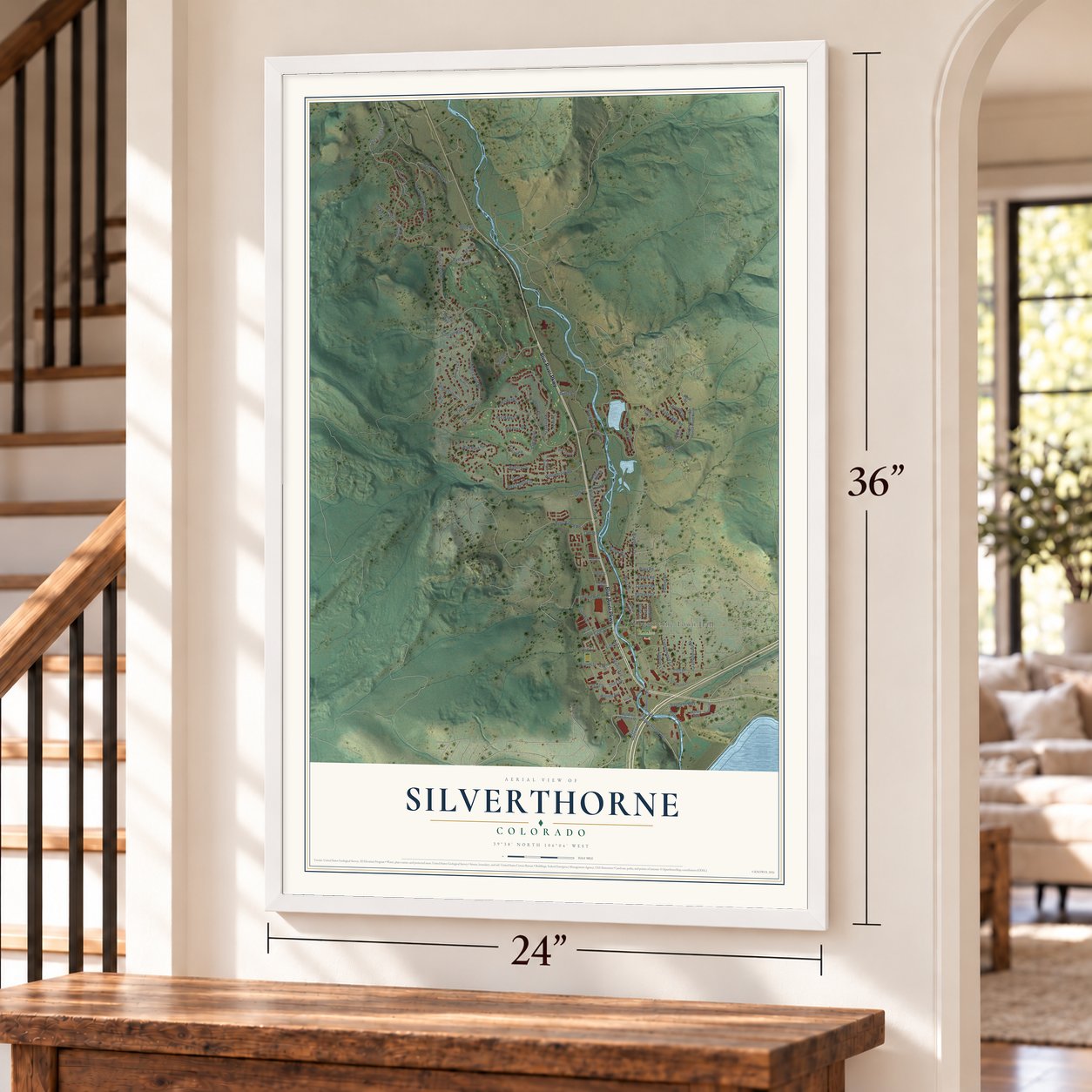 Silverthorne, Colorado map, 24 x 36 inch print in a white frame by a staircase