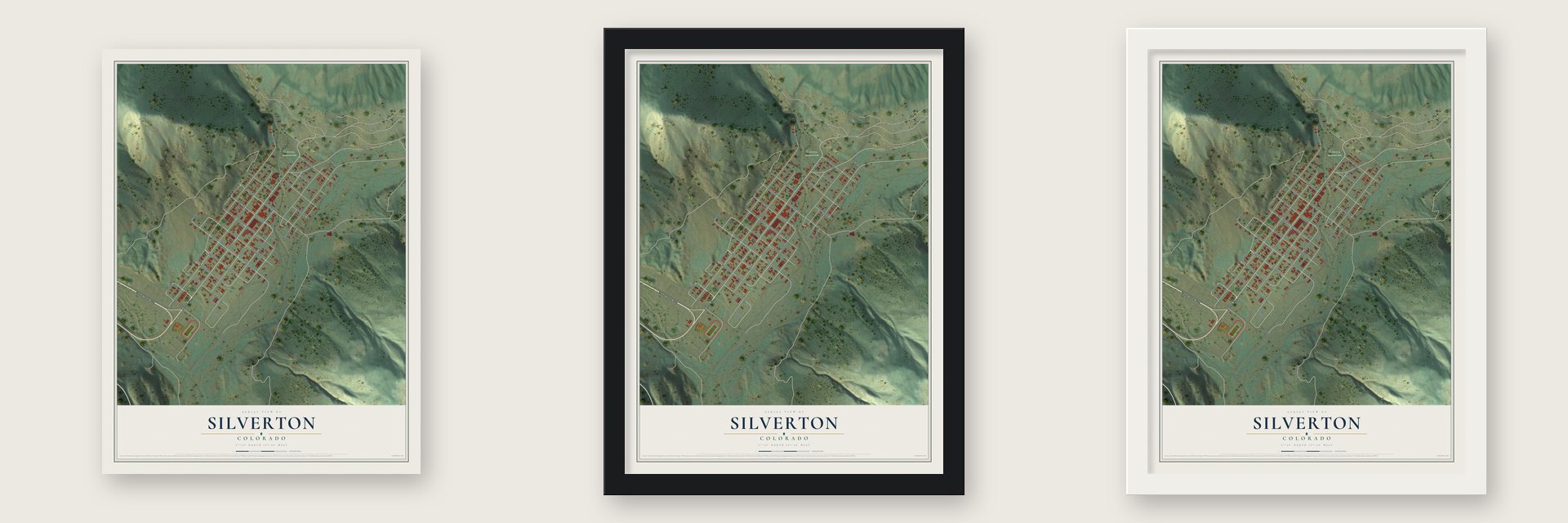 Silverton, Colorado map unframed, in a black wood frame and in a white wood frame