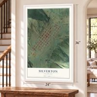 Silverton, Colorado map, 24 x 36 inch print in a white frame by a staircase