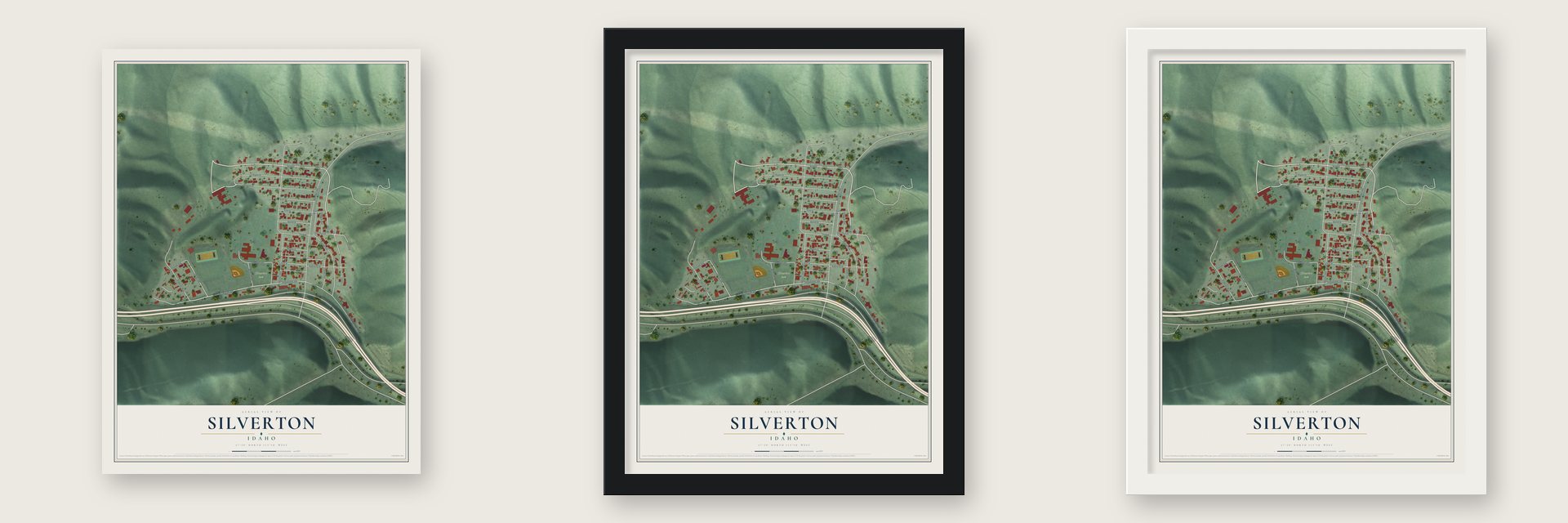 Silverton, Idaho map unframed, in a black wood frame and in a white wood frame