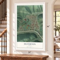 Silverton, Idaho map, 24 x 36 inch print in a white frame by a staircase
