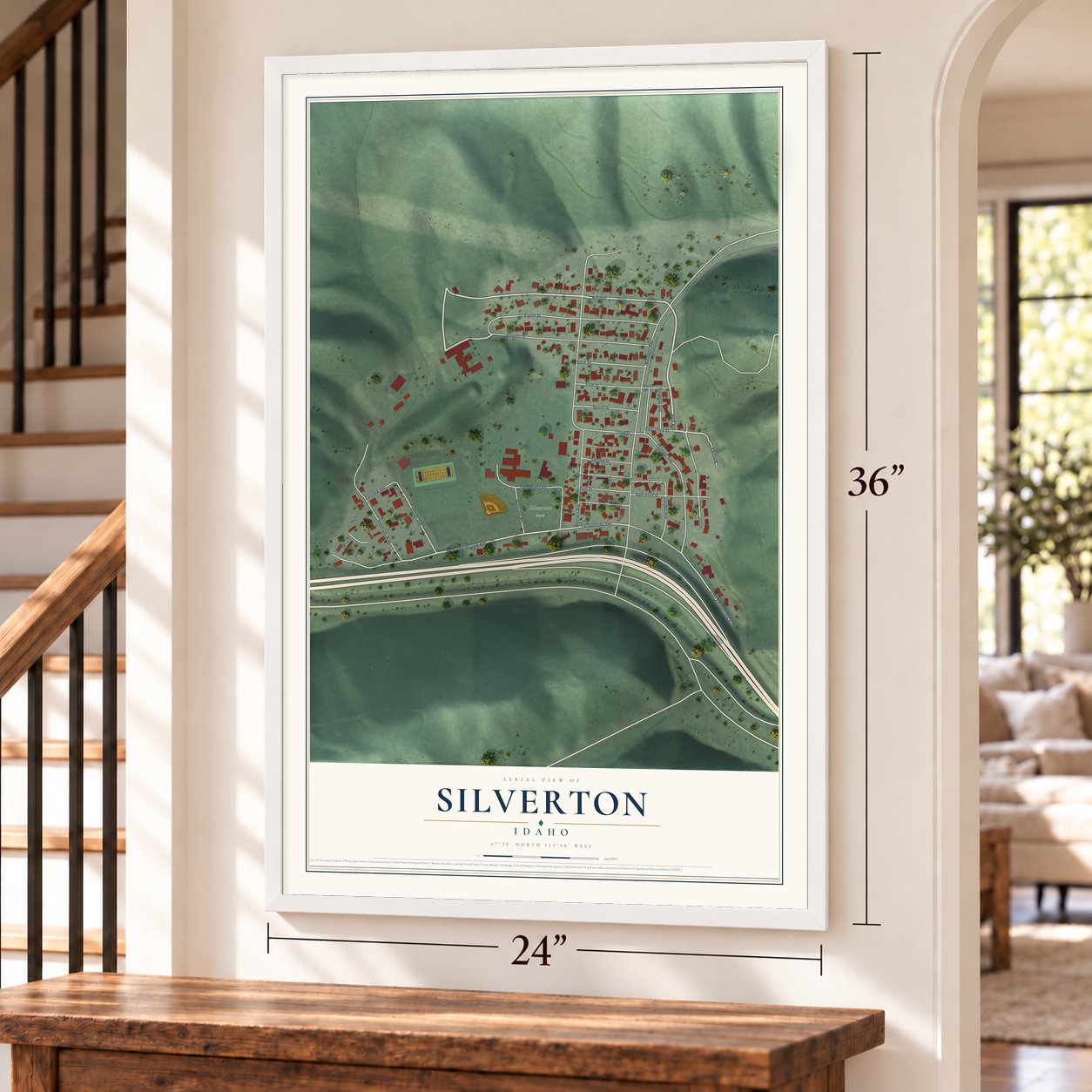 Silverton, Idaho map, 24 x 36 inch print in a white frame by a staircase