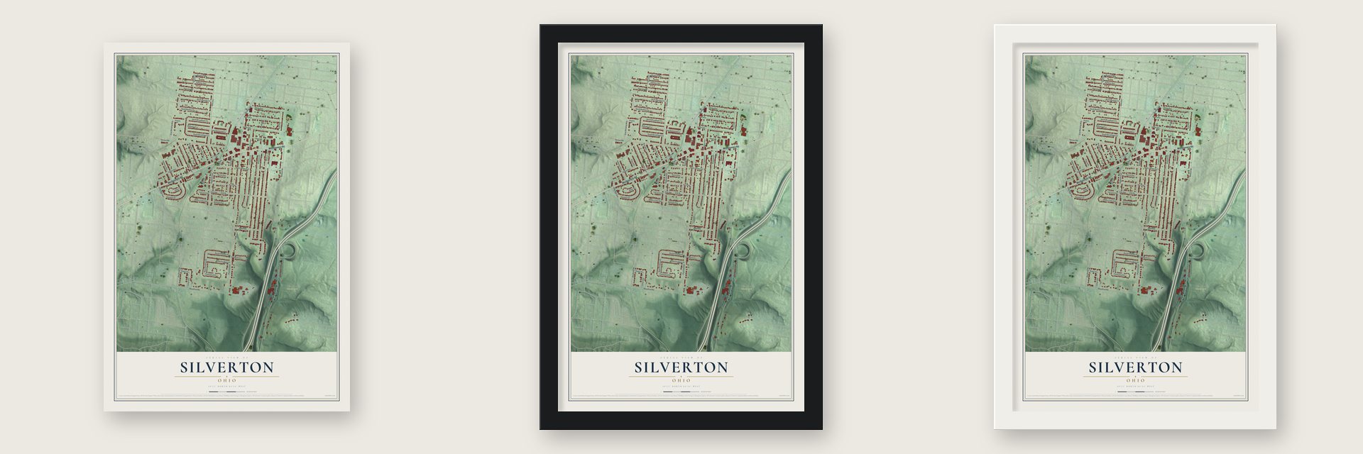 Silverton, Ohio map unframed, in a black wood frame and in a white wood frame