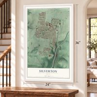 Silverton, Ohio map, 24 x 36 inch print in a white frame by a staircase