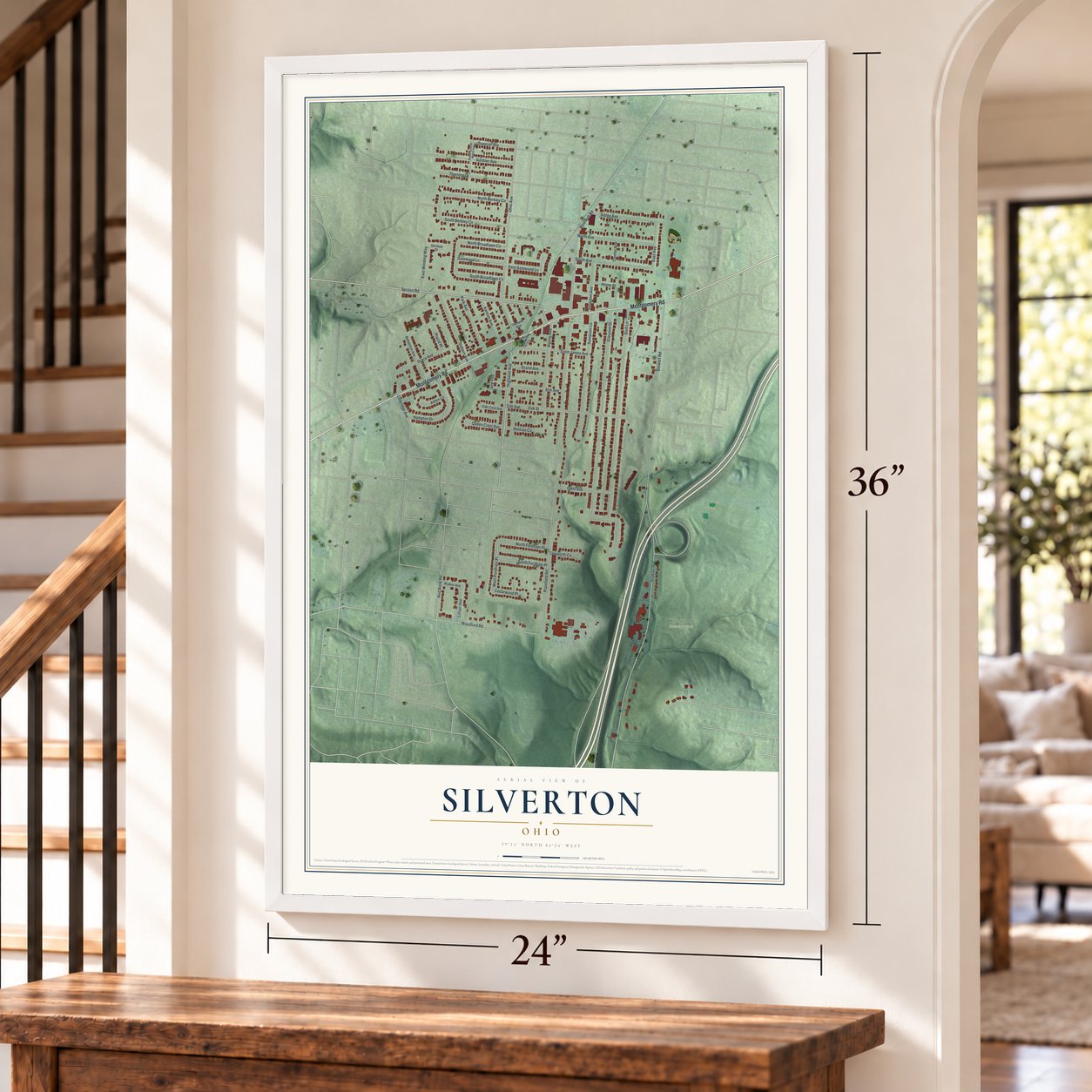 Silverton, Ohio map, 24 x 36 inch print in a white frame by a staircase