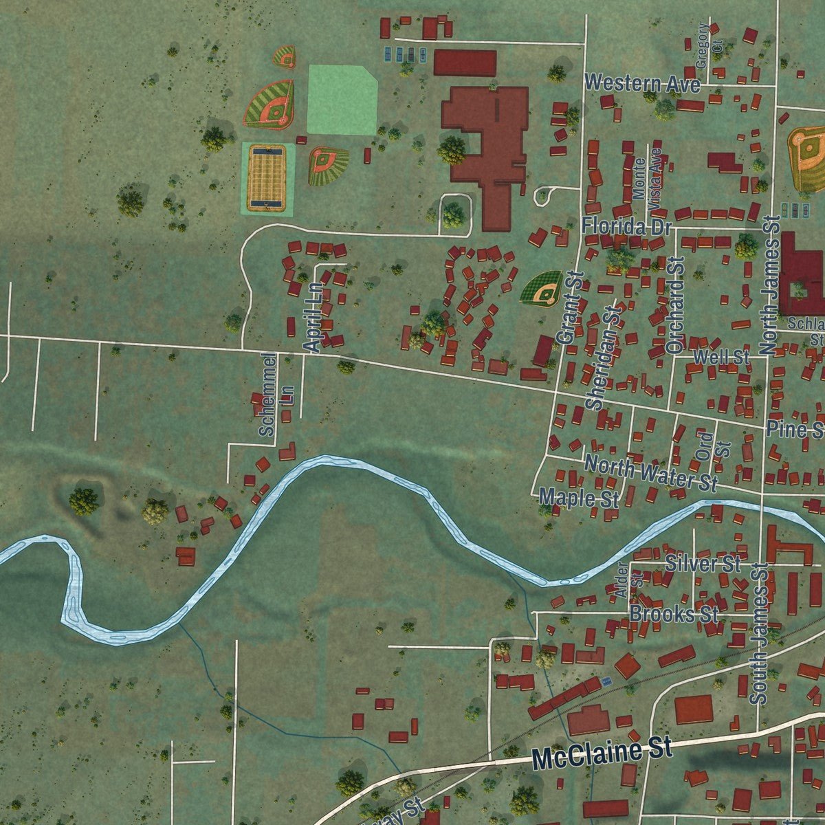Second close-up of the map of Silverton, Oregon print showing more streets and buildings