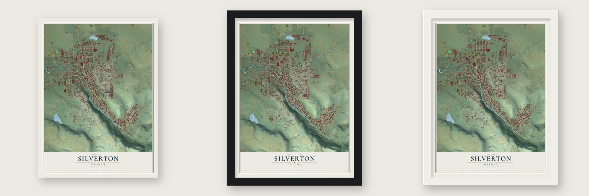 Silverton, Oregon map unframed, in a black wood frame and in a white wood frame