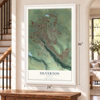 Silverton, Oregon map, 24 x 36 inch print in a white frame by a staircase