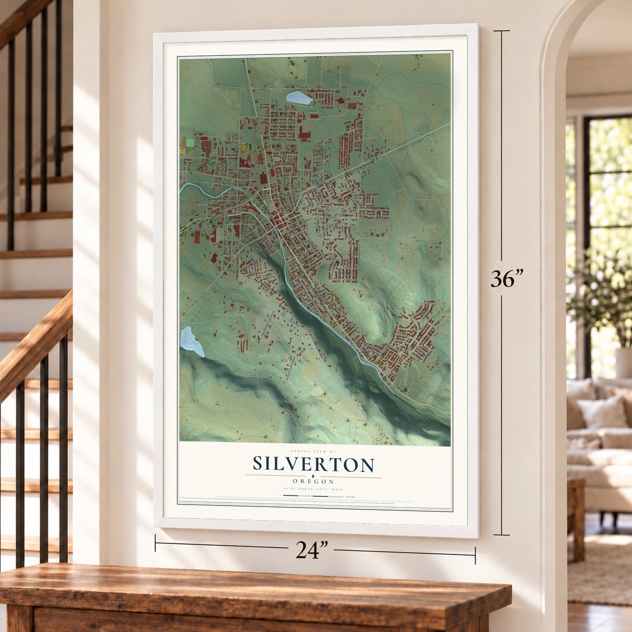 Silverton, Oregon map, 24 x 36 inch print in a white frame by a staircase