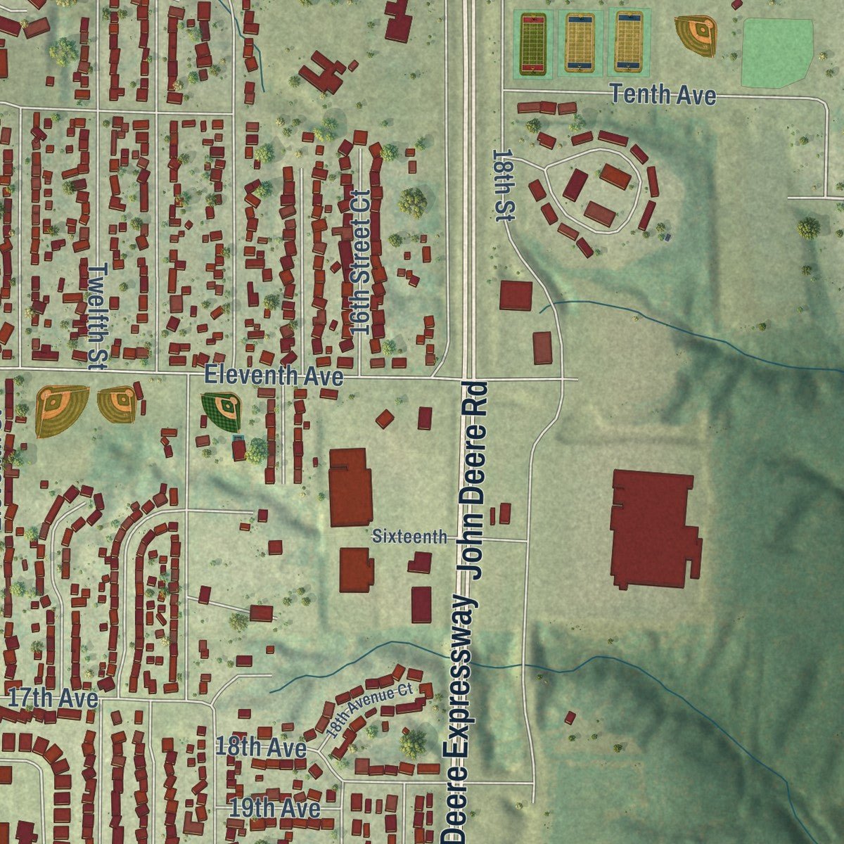 Second close-up of the map of Silvis, Illinois print showing more streets and buildings
