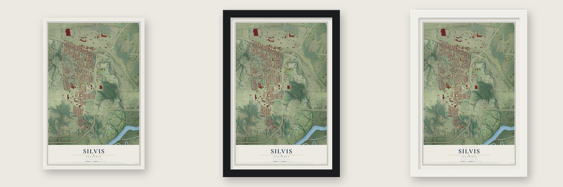 Silvis, Illinois map unframed, in a black wood frame and in a white wood frame