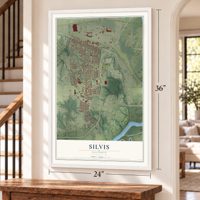 Silvis, Illinois map, 24 x 36 inch print in a white frame by a staircase