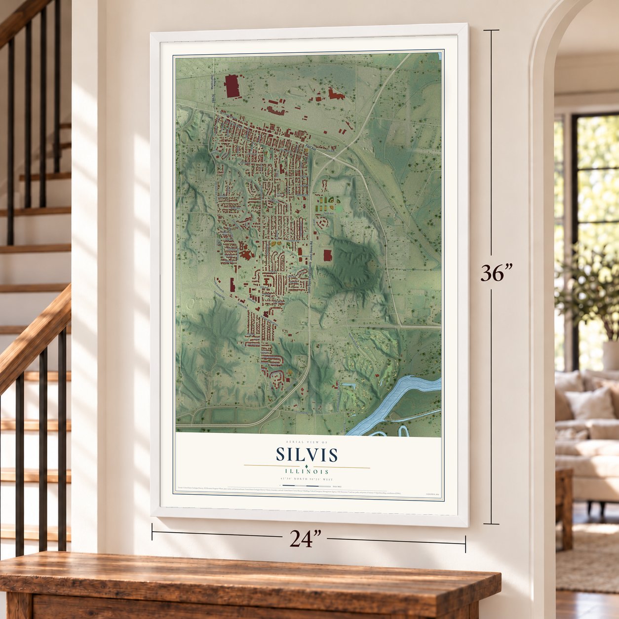 Silvis, Illinois map, 24 x 36 inch print in a white frame by a staircase