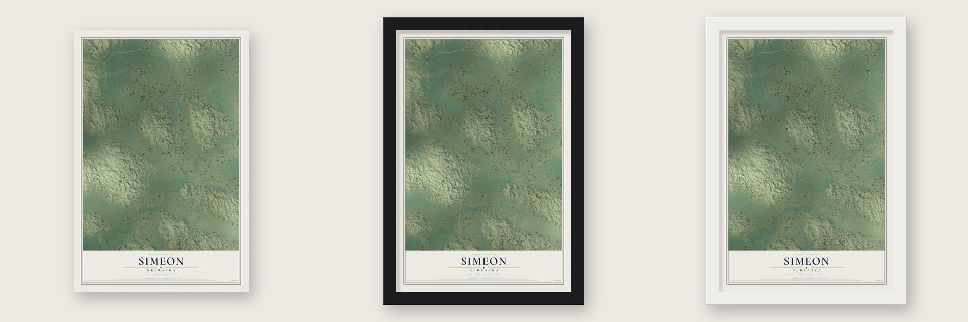 Simeon, Nebraska map unframed, in a black wood frame and in a white wood frame