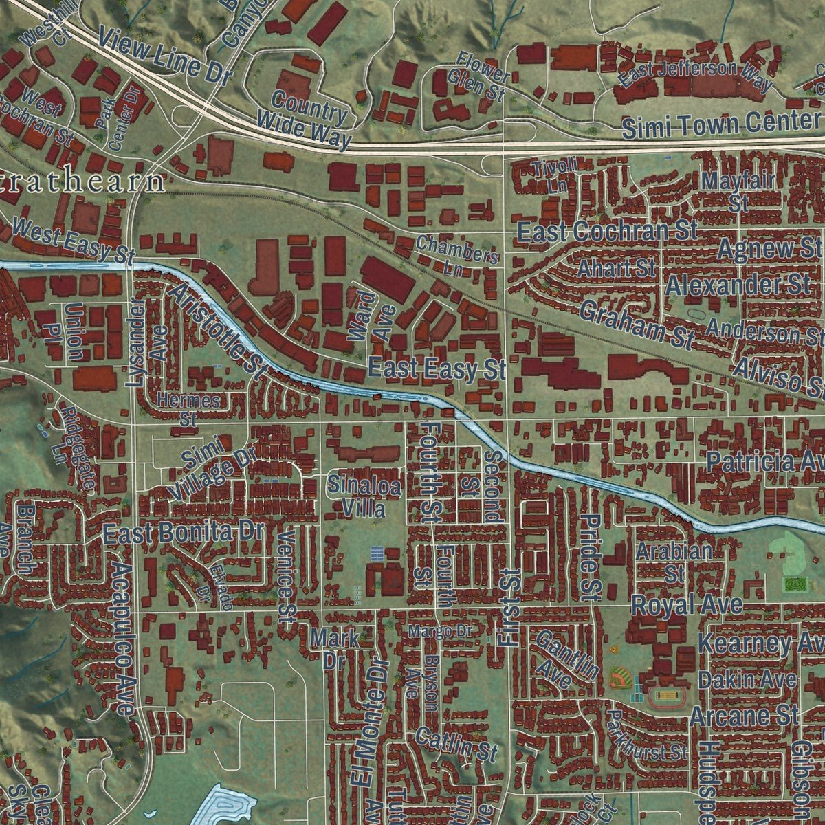 Second close-up of the map of Simi Valley, California print showing more streets and buildings