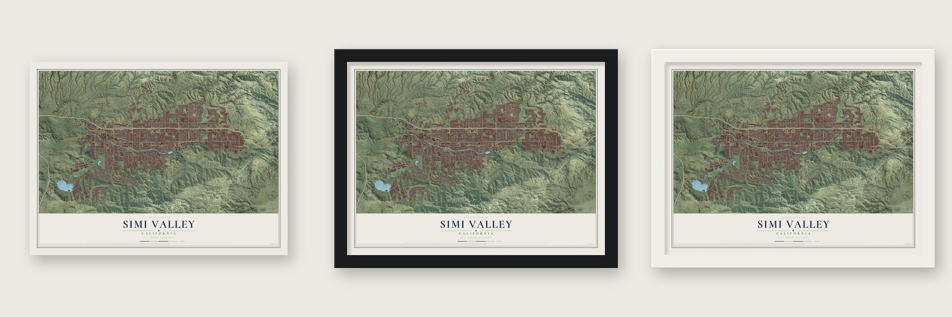 Simi Valley, California map unframed, in a black wood frame and in a white wood frame