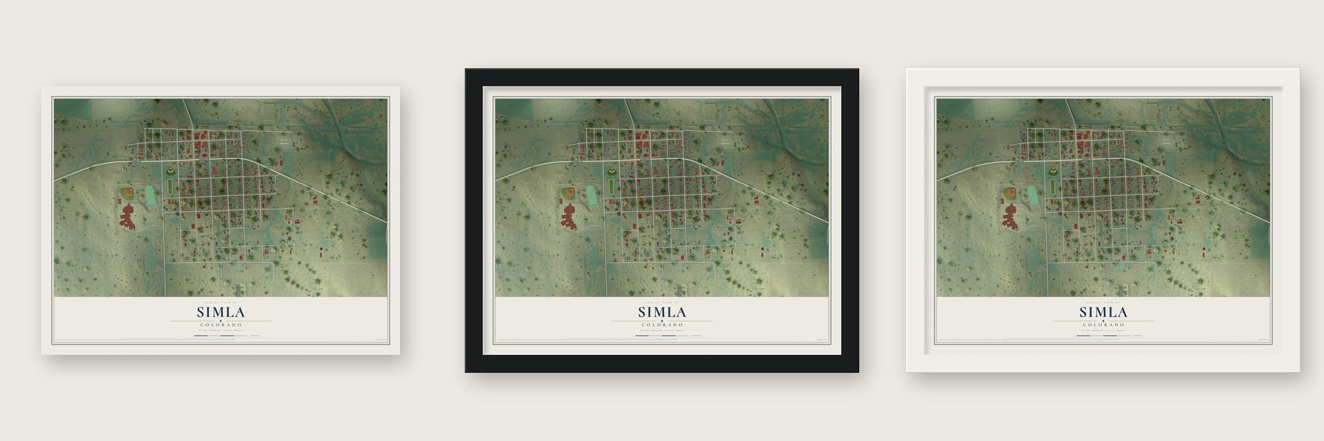 Simla, Colorado map unframed, in a black wood frame and in a white wood frame